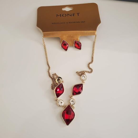 Monet Cherry Red Crystal Necklace and Earrings Set New with‎ Tags Gold Tone - Picture 1 of 8
